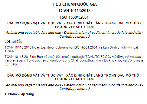 TCVN 10113-2013 - Dầu Mỡ Động Vật Và Thực Vật - Xác Định Chất Lắng Trong Dầu Mỡ Thô