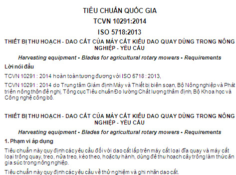TCVN 10291-2014 - Thiết Bị Thu Hoạch - Dao Cắt Của Máy Cắt Kiểu Dao Quay Dùng Trong Nông Nghiệp