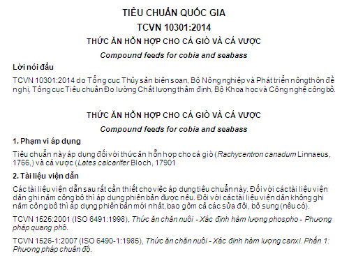 TCVN 10301-2014 - Thức Ăn Hỗn Hợp Cho Cá Giò Và Cá Vược