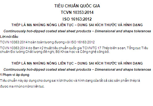 TCVN 10353-2014 - Thép Lá Mạ Nhúng Nóng Liên Tục - Dung Sai Kích Thước Và Hình Dạng