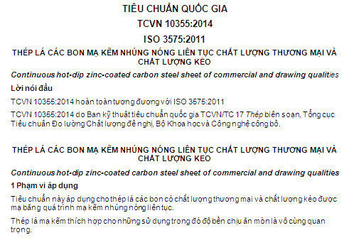 TCVN 10355-2014 - Thép Lá Các Bon Mạ Kẽm Nhúng Nóng Liên Tục - Chất Lượng Thương Mại
