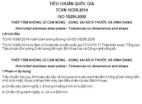 TCVN 10358-2014 - Thép Tấm Không Gỉ Cán Nóng - Dung Sai Kích Thước Và Hình Dạng
