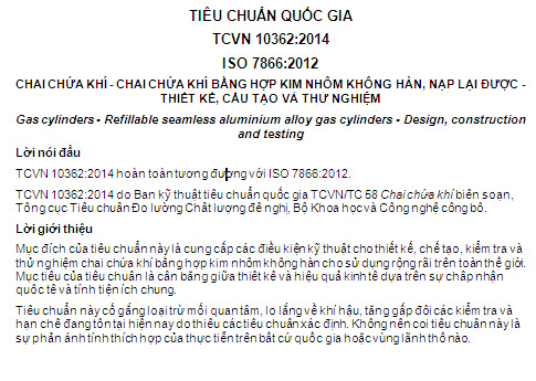 TCVN 10362-2014 - Chai Chứa Khí - Chai Chứa Khí Bằng Hợp Kim Nhôm Không Hàn Nạp Lại Được