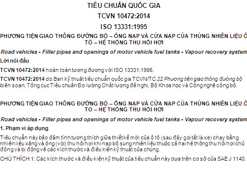 TCVN 10472-2014 - Phương Tiện Giao Thông Đường Bộ - Ống Nạp Và Cửa Nạp Của Thùng Nhiên Liệu Ô Tô