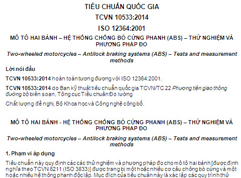 TCVN 10533-2014 - Mô Tô Hai Bánh - Hệ Thống Chống Bó Cứng Phanh (ABS) - Thử Nghiệm Và Phương Pháp Đo