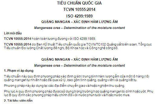 TCVN 10555-2014 - Quặng Mangan - Xác Định Hàm Lượng Ẩm