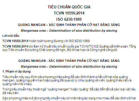 TCVN 10556-2014 - Quặng Mangan - Xác Định Thành Phần Cỡ Hạt Bằng Sàng