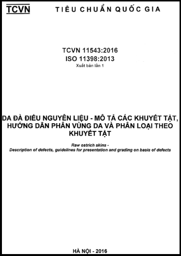TCVN 11543-2016-ISO - Da Đà Điểu Nguyên Liệu - Mô Tả Các Khuyết Tật Hướng Dẫn Phân Vùng Da