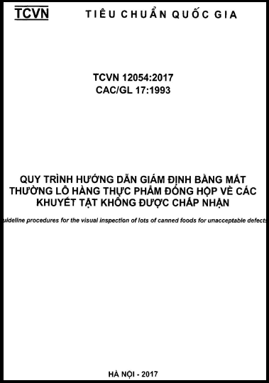 TCVN 12054-2017 - Quy Trình Hướng Dẫn Giám Định Bằng Mắt Thường Lô Hàng Thực Phẩm Đóng Hộp