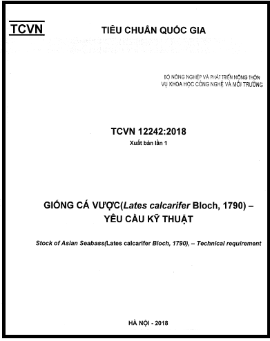 TCVN 12242-2018 - Giống Cá Vược (Lates Calcarifer Bloch, 1790) - Yêu Cầu Kỹ Thuật