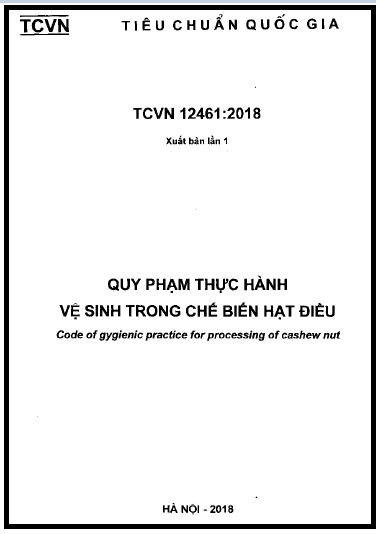 TCVN 12461-2018 - Quy Phạm Thực Hành Vệ Sinh Trong Chế Biến Hạt Điều