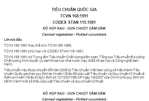 TCVN 168-1991 - Đồ Hộp Rau - Dưa Chuột Dầm Dấm