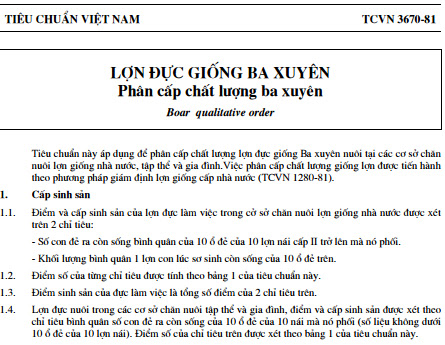 TCVN 3670-81 - Lợn Đực Giống Ba Xuyên - Phân Cấp Chất Lượng