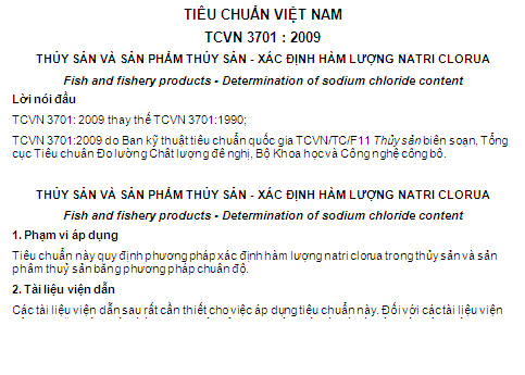 TCVN 3701-2009 - Thủy Sản Và Sản Phẩm Thủy Sản - Xác Định Hàm Lượng Natri Clorua