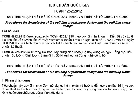 TCVN 4252-2012 - Quy Trình Lập Thiết Kế Tổ Chức Xây Dựng Và Thiết Kế Tổ Chức Thi Công