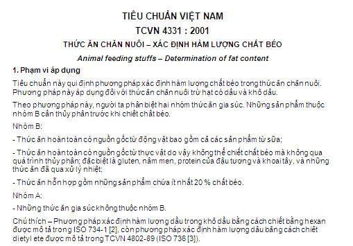 TCVN 4331-2001 - Thức Ăn Chăn Nuôi - Xác Định Hàm Lượng Chất Béo