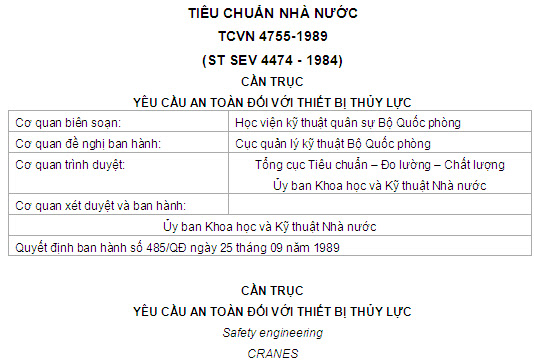 TCVN 4755-1989 - Cần Trục - Yêu Cầu An Toàn Đối Với Các Thiết Bị Thủy Lực