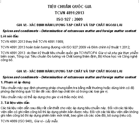 TCVN 4891-2013 - Gia Vị - Xác Định Hàm Lượng Tạp Chất Và Tạp Chất Ngoại Lai