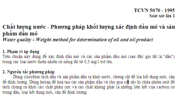 TCVN 5070-1995 - Chất Lượng Nước - Phương Pháp Khối Lượng Xác Định Dầu Mỏ Và Sản Phẩm Dầu Mỏ