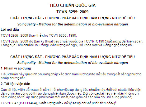 TCVN 5255-2009 - Chất Lượng Đất - Phương Pháp Xác Định Hàm Lượng Nitơ Dễ Tiêu