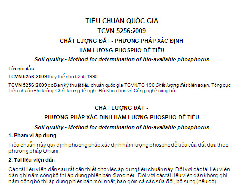 TCVN 5256-2009 - Chất Lượng Đất - Phương Pháp Xác Định Hàm Lượng Phospho Dễ Tiêu