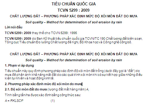 TCVN 5299-2009 - Chất Lượng Đất - Phương Pháp Xác Định Mức Độ Xói Mòn Đất Do Mưa