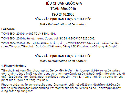 TCVN 5504-2010 - Sữa - Xác Định Hàm Lượng Chất Béo
