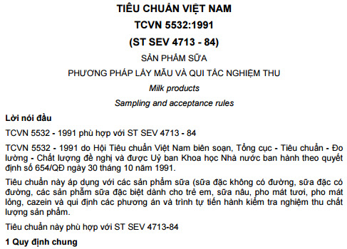 TCVN 5532-1991 - Sản Phẩm Sữa Phương Pháp Lấy Mẫu Và Qui Tắc Nghiệm Thu