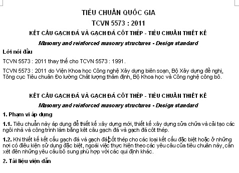 TCVN 5573-2011 - Kết Cấu Gạch Đá Và Gạch Đá Cốt Thép - Tiêu Chuẩn Thiết Kế