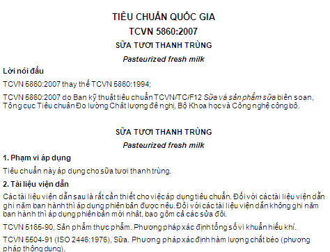 TCVN 5860-2007 - Sữa Tươi Thanh Trùng