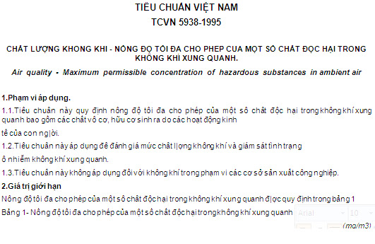 TCVN 5938-1995 - Chất Lượng Không Khí - Nồng Độ Tối Đa Cho Phép Của Một Số Chất Độc Hại