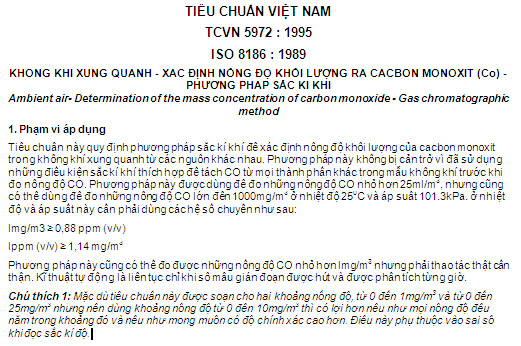TCVN 5972-1995 - Không Khí Xung Quanh - Xác Định Nồng Độ Khối Lượng Ra Cacbon Monoxit (Co)