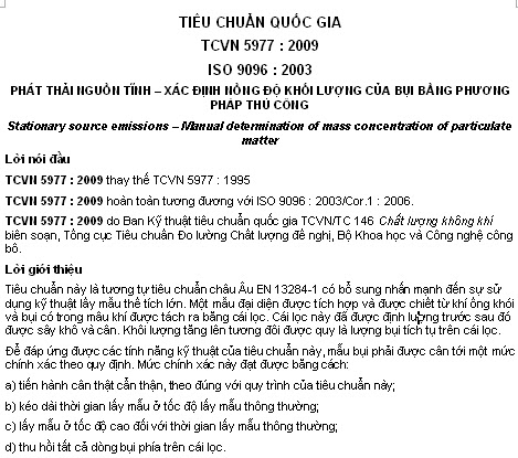 TCVN 5977-2009 - Phát Thải Nguồn Tĩnh - Xác Định Nồng Độ Khối Lượng Của Bụi