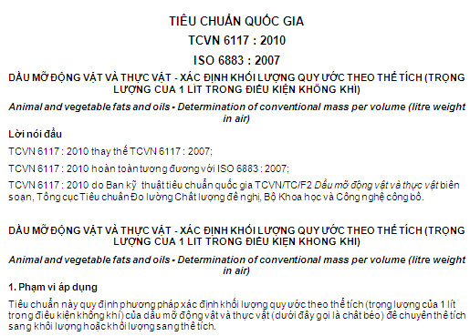 TCVN 6117-2010 - Dầu Mỡ Động Vật Và Thực Vật - Xác Định Khối Lượng Quy Ứớc Theo Thể Tích