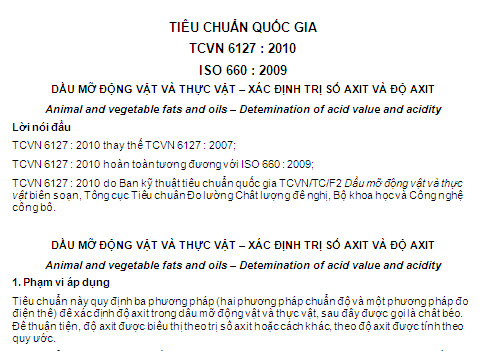 TCVN 6127-2010 - Dầu Mỡ Động Vật Và Thực Vật - Xác Định Trị Số Axit Và Độ Axit