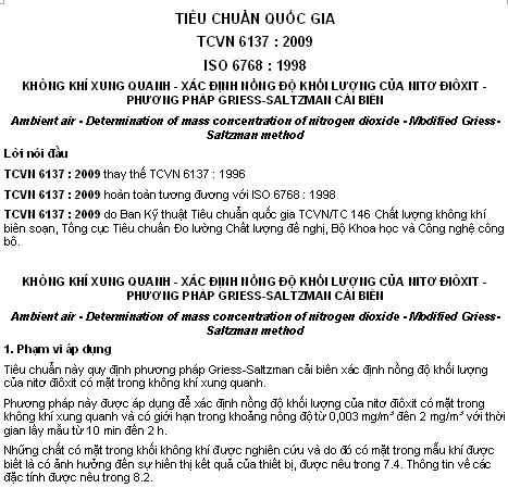 TCVN 6137-2009 - Không Khí Xung Quanh - Xác Định Nồng Độ Khối Lượng Của Nitơ Điôxit