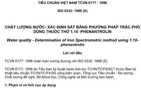 TCVN 6177-1996 - Chất Lượng Nước - Xác Định Sắt Bằng Phương Pháp Trắc Phổ Dùng Thuốc THử 1.10