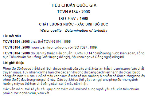 TCVN 6184-2008 - Chất Lượng Nước - Xác Định Độ Đục