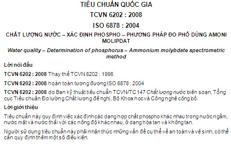 TCVN 6202-2008 - Chất Lượng Nước - Xác Định Phospho - Phương Pháp Đo Phổ Dùng Amoni Molipdat