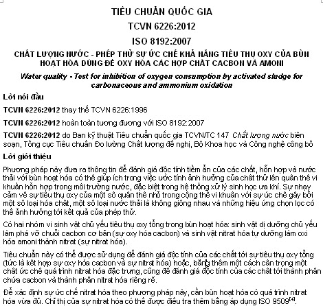 TCVN 6226-2012 - Chất Lượng Nước - Phép Thử Sự Ức Chế Khả Năng Tiêu Thụ Oxy Của Bùn