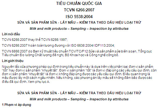 TCVN 6266-2007 - Sữa Và Sản Phẩm Sữa - Lấy Mẫu - Kiểm Tra Theo Dấu Hiệu Loại Trừ