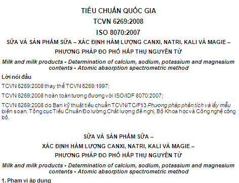 TCVN 6269-2008 - Sữa Và Sản Phẩm Sữa - Xác Định Hàm Lượng Canxi Natri Kali Và Magie