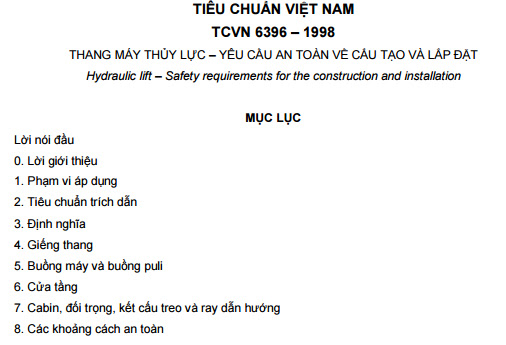 TCVN 6396-1998 - Thang Máy Thủy Lực - Yêu Cầu An Toàn Về Cấu Tạo Và Lắp Đặt