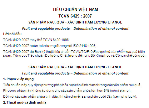 TCVN 6429-2007 - Sản Phẩm Rau Quả - Xác Định Hàm Lượng Etanol