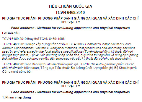 TCVN 6469-2010 - Phụ Gia Thực Phẩm - Phương Pháp Đánh Giá Ngoại Quan Và Xác Định Các Chỉ Tiêu Vật Lý