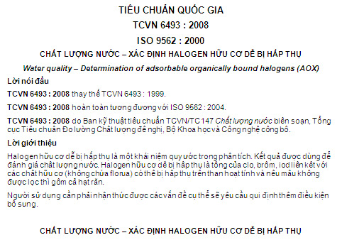 TCVN 6493-2008 - Chất Lượng Nước - Xác Định Halogen Hữu Cơ Dễ Bị Hấp Thụ