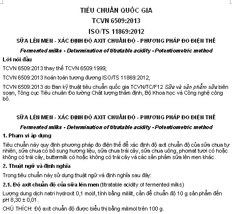 TCVN 6509-2013 - Sữa Lên Men - Xác Định Độ Axit Chuẩn Độ - Phương Pháp Đo Điện Thế