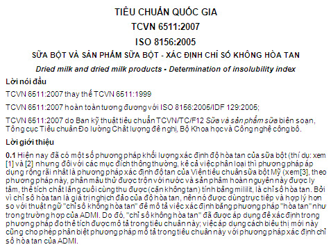 TCVN 6511-2007 - Sữa Bột Và Sản Phẩm Sữa Bột - Xác Định Chỉ Số Không Hòa Tan