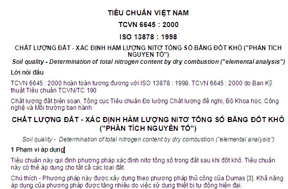 TCVN 6645-2000 - Chất Lượng Đất - Xác Định Hàm Lượng Nitơ Tổng Số Bằng Đốt Khô (Phân Tích Nguyên Tố)