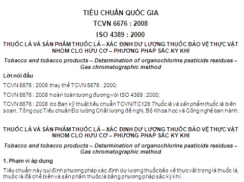 TCVN 6676-2008 - Thuốc Lá Và Sản Phẩm Thuốc Lá - Xác Định Dư Lượng Thuốc Bảo Vệ Thực Vật Nhóm Clo